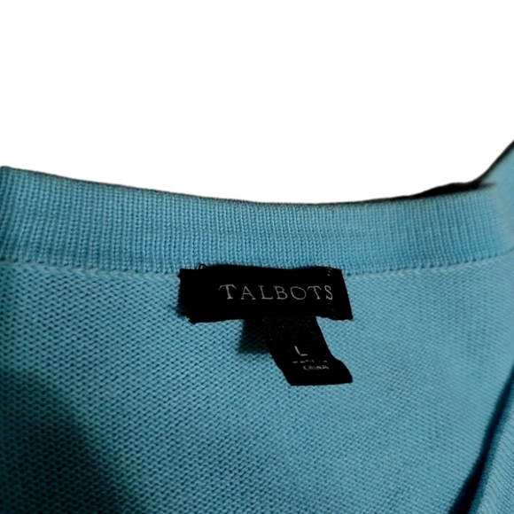 Talbots Cardigan Sweater Womens L Blue Button Up Crocheted Neckline - Picture 5 of 8